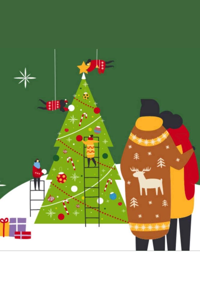 People decorating Christmas Tree and couple watching